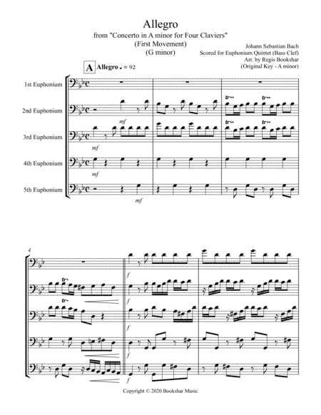 Allegro (from "Concerto for Four Claviers") (G min) (Euphonium Quintet - Bass Clef) (arr. Regis Bookshar)