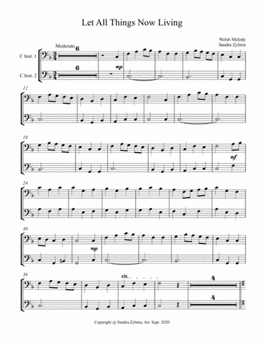 Let All Things Now Living (bass C instrument duet -parts only) (arr. Sandra Zylstra)