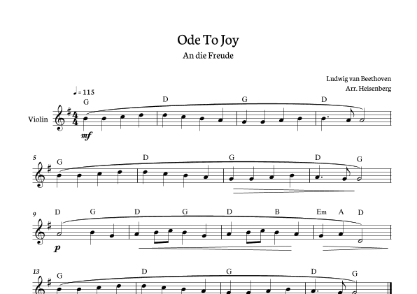 Beethoven - Ode to Joy for violin in G with chords. (arr. Heisenberg)