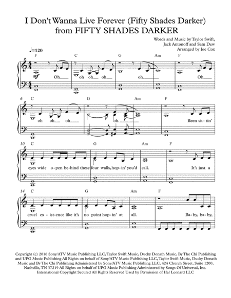 I Don't Wanna Live Forever (Fifty Shades Darker)  from FIFTY SHADES DARKER (arr. Joe Cox)