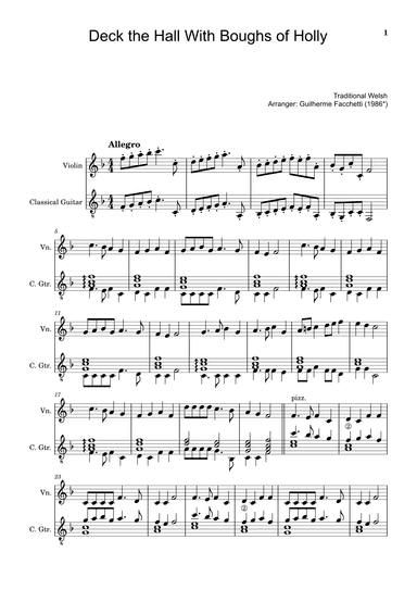 Deck the Hall With Boughs of Holly - Arranged for Violin and Classical Guitar (Score and Parts) (arr. Guilherme Facchetti)