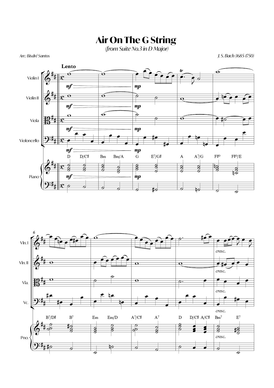 Air On The G String (from Suite No.3 in D Major) (Bach) - String quartet with Piano (arr. André Alberto Santos)
