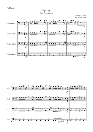 Spring (from Four Seasons of Antonio Vivaldi) for Cello Quartet (arr. Fabio Britto)