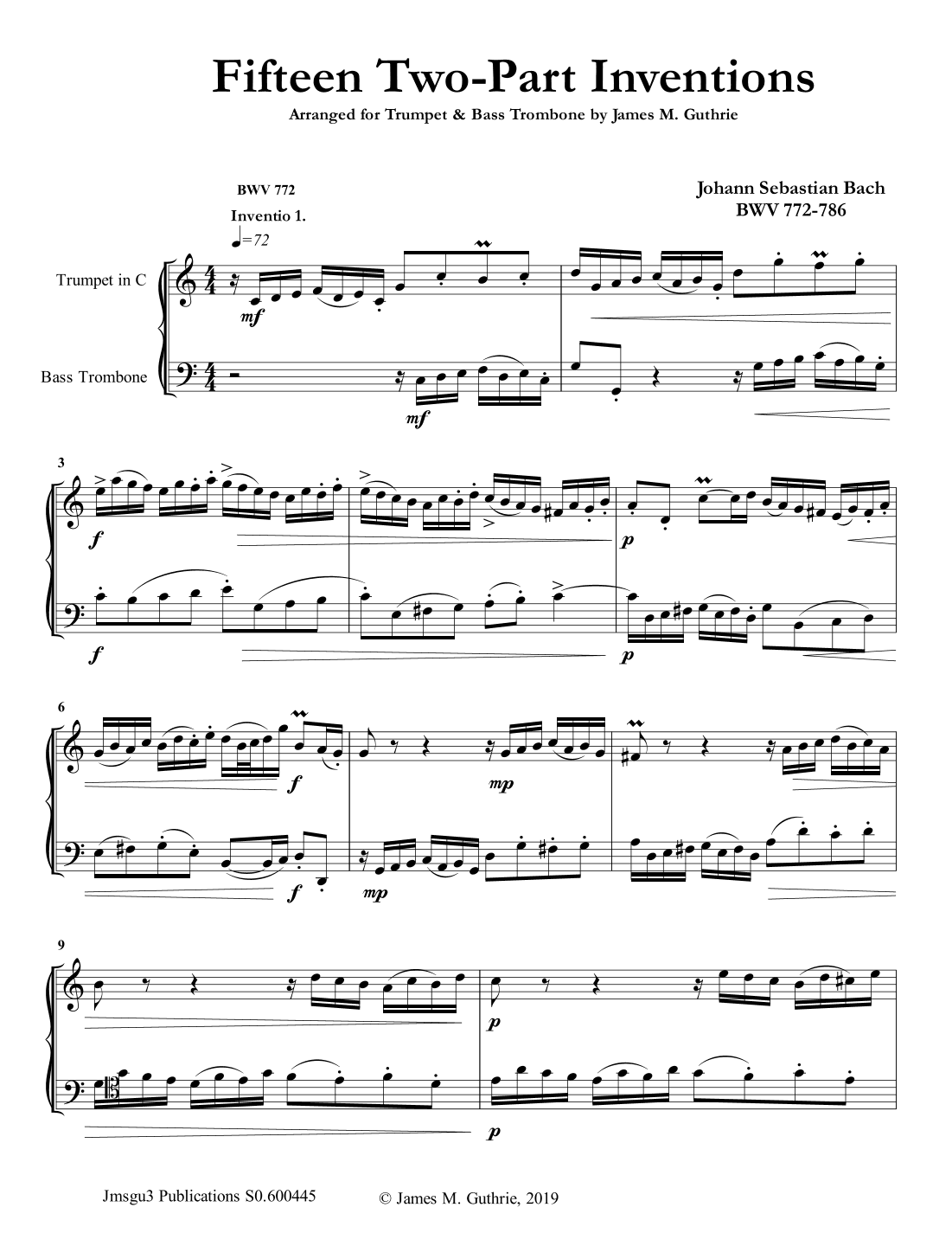 Bach: 15 Two -Part Inventions for Trumpet & Bass Trombone (arr. James M. Guthrie, ASCAP)