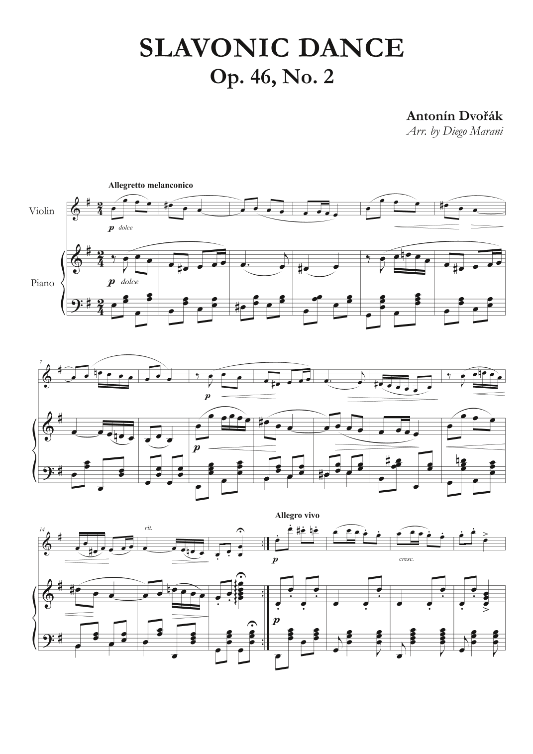 Slavonic Dance Op. 46 No. 2 for Violin and Piano (arr. Diego Marani)
