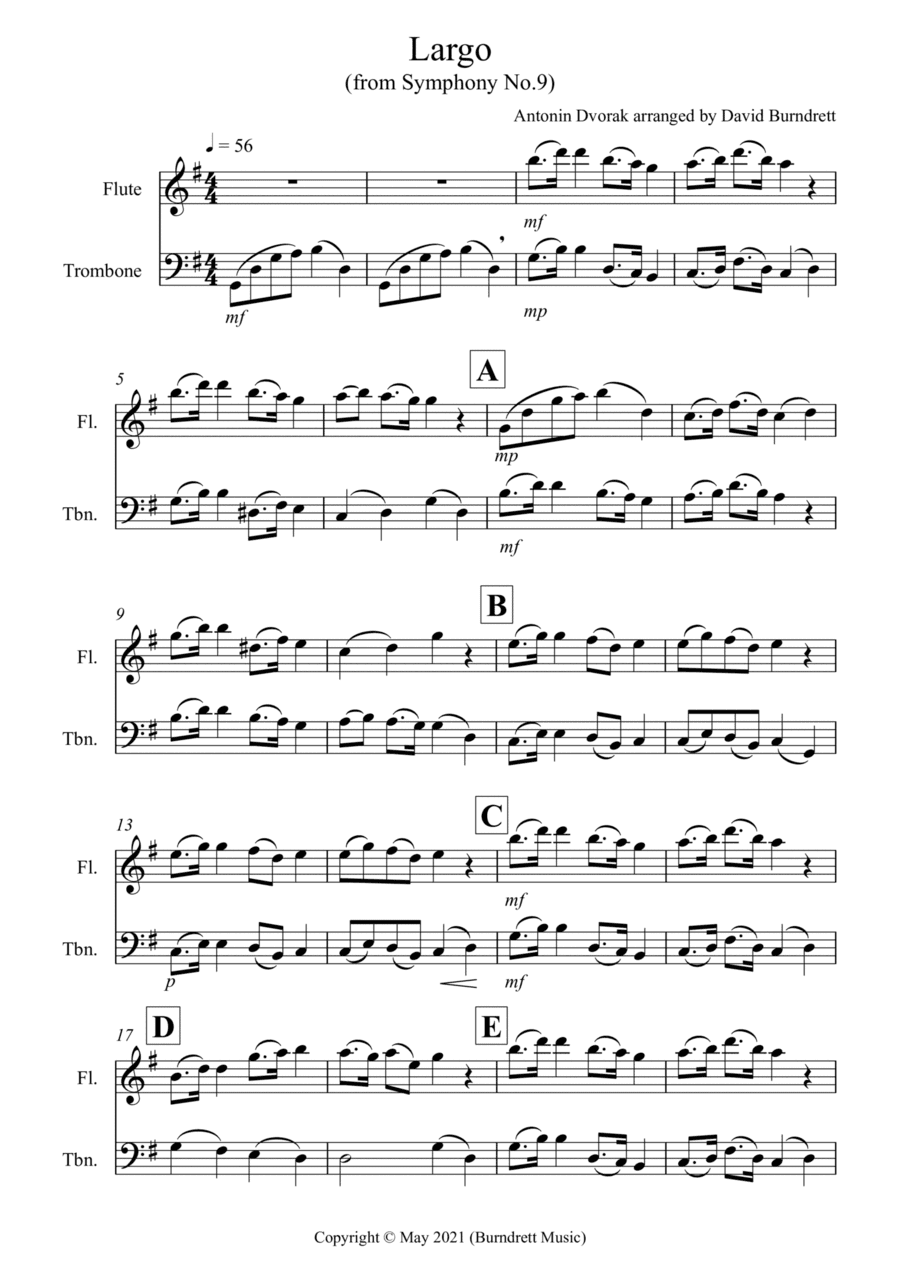 Largo (from the New World) for Flute and Trombone Duet (arr. David Burndrett)