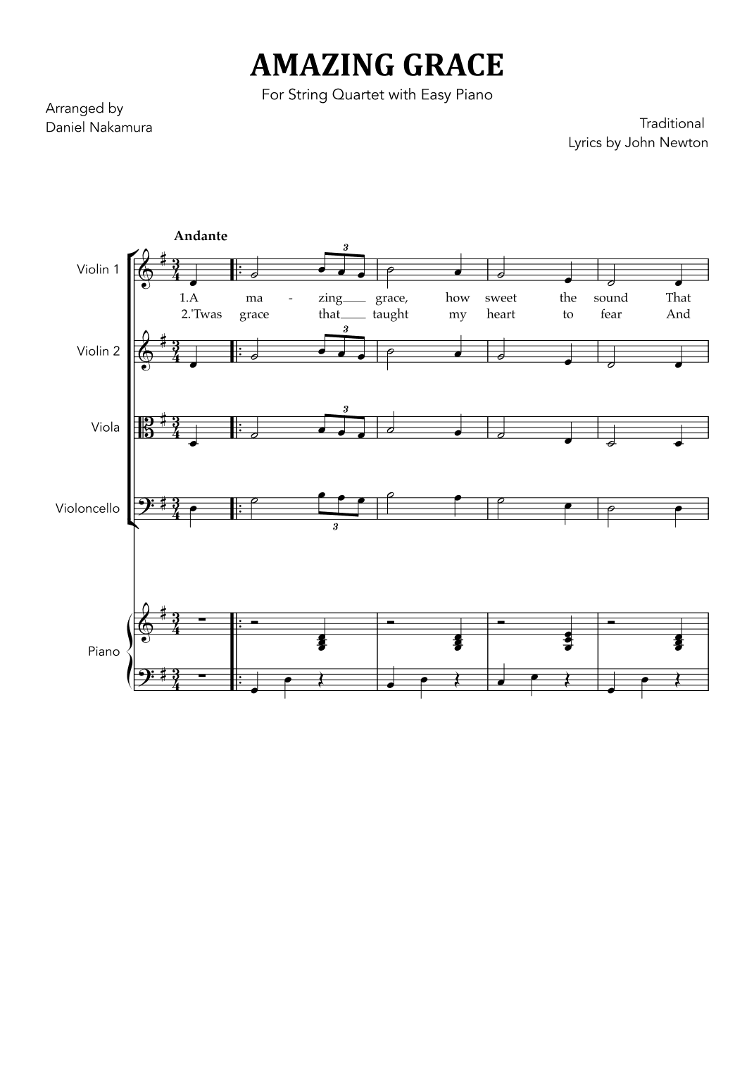 Amazing Grace (for String Quartet and Easy Piano) (arr. Daniel Nakamura)