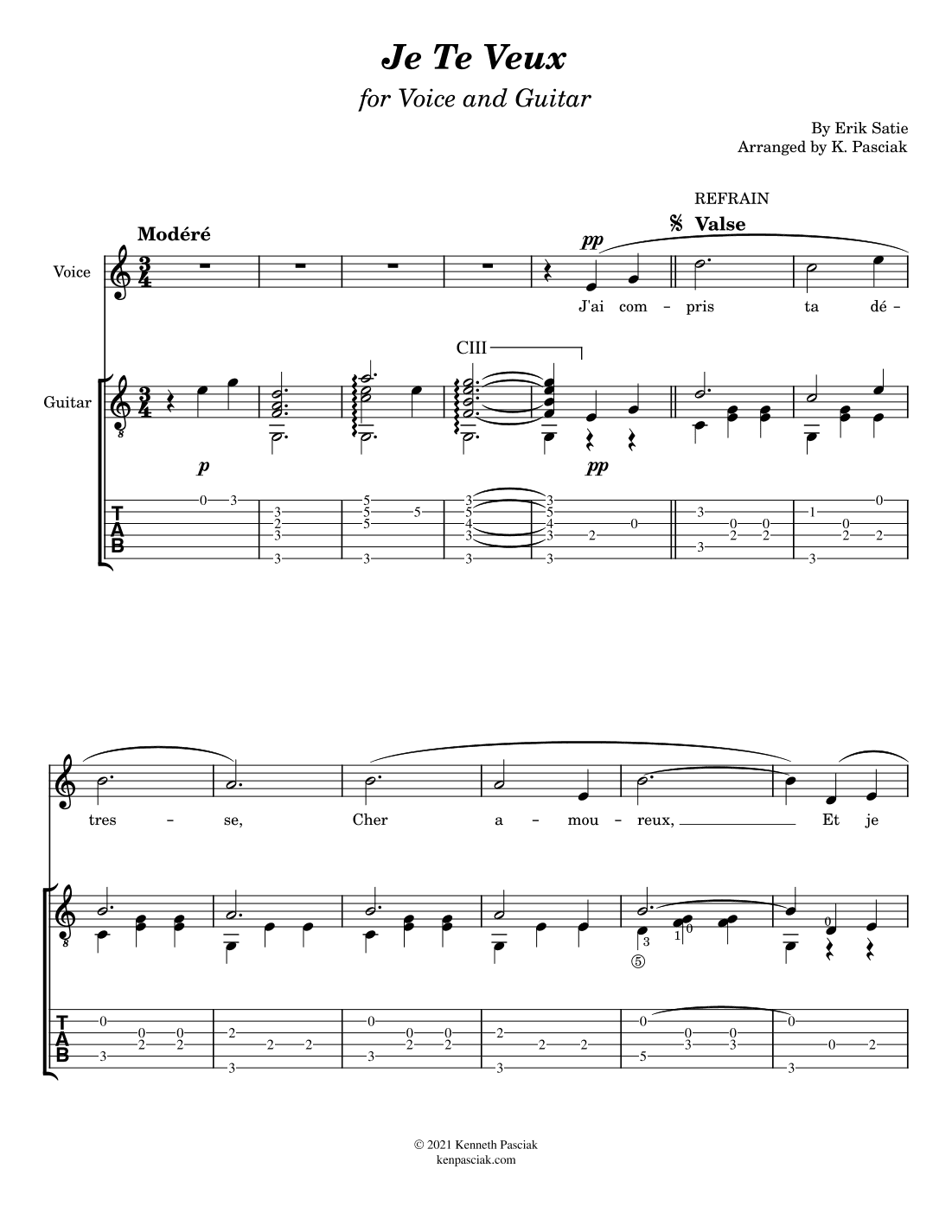 Je Te Veux (for Voice and Guitar) (arr. Kenneth Pasciak)