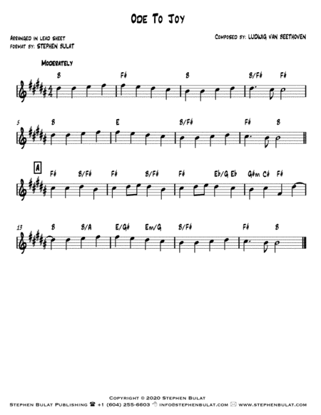 Ode To Joy (Beethoven) - Lead sheet (key of B) (arr. Stephen Bulat)