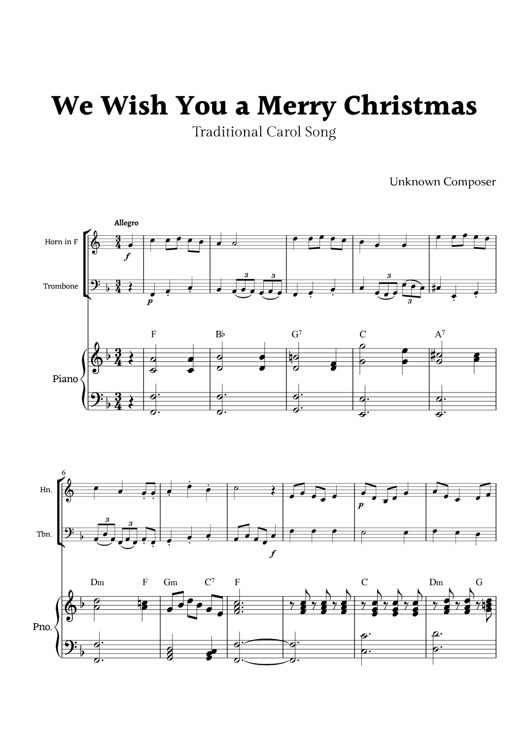 We Wish you a Merry Christmas for Horn in F and Trombone Duet with Piano (arr. Rika K.)