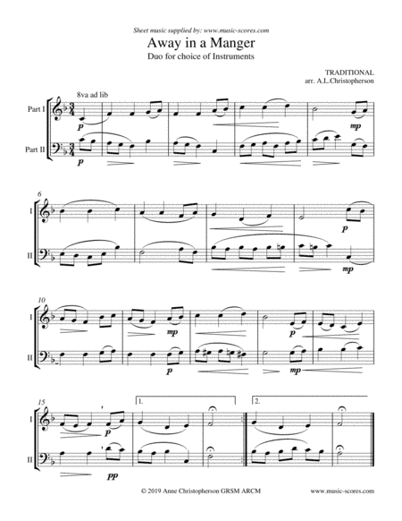 Away in a Manger - Duo for any instruments in Bb, Eb and C (arr. Anne L Christopherson GRSM ARCM)