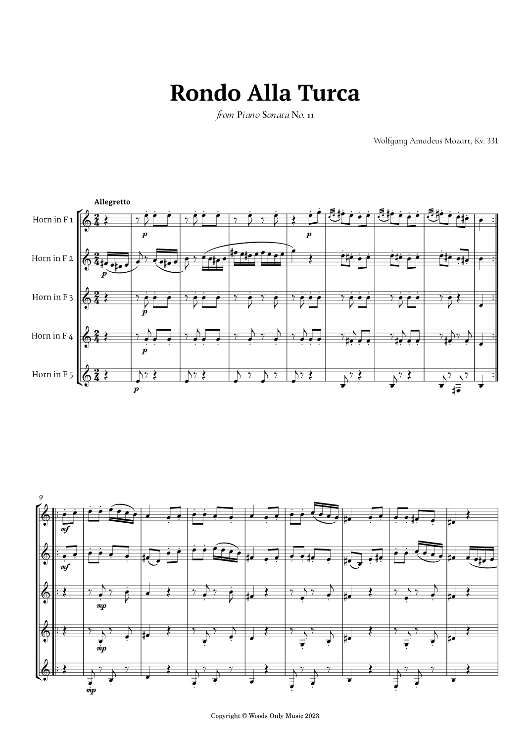 Rondo Alla Turca by Mozart for French Horn Quintet (arr. Ander)
