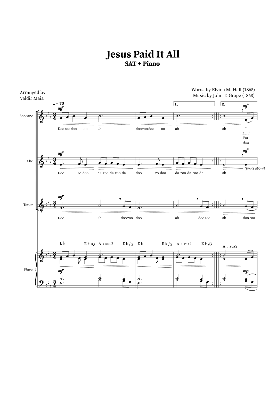 Jesus Paid It All - SAT Trio or Choir (Piano Accompaniment + Chords) (arr. Valdir Maia)