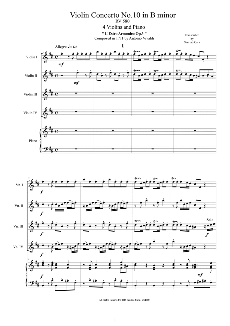 Vivaldi - Violin Concerto No.10 in B minor RV 580 Op.3 for 4 Violins and Piano - Score and Parts (arr. Santino Cara)