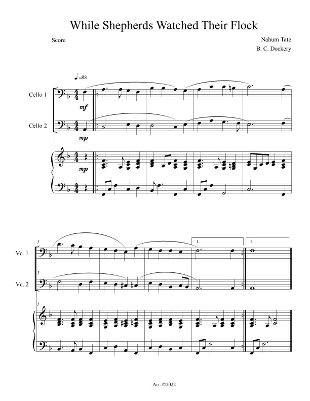 While Shepherds Watched Their Flock (Cello Duet with Piano Accompaniment) (arr. B. C. Dockery)