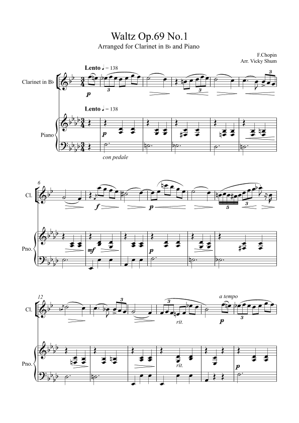 Chopin Waltz Op.69 No.1 (For Clarinet in Bb and Piano) (arr. Vicky Shum)