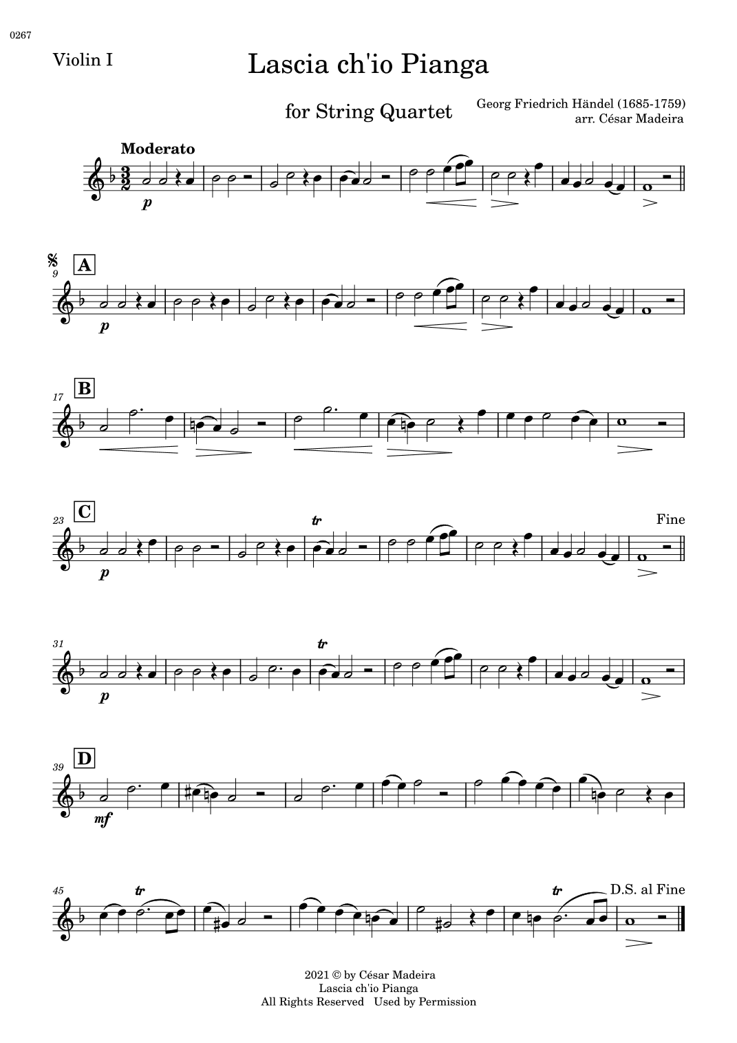 Lascia Ch'io Pianga - String Quartet (Individual Parts) (arr. César Madeira)