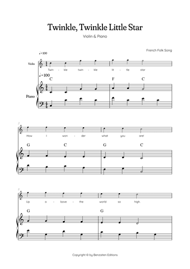 Twinkle, Twinkle Little Star • Easy violin music sheet with easy piano accompaniment [with chords] (arr. Benzaiten Editions)