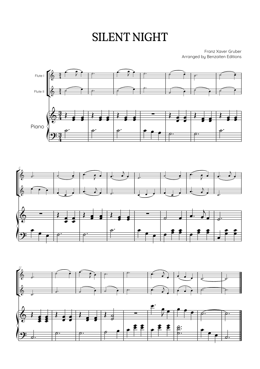 Silent Night for flute duet with piano accompaniment • easy Christmas song sheet music (arr. Benzaiten Editions)