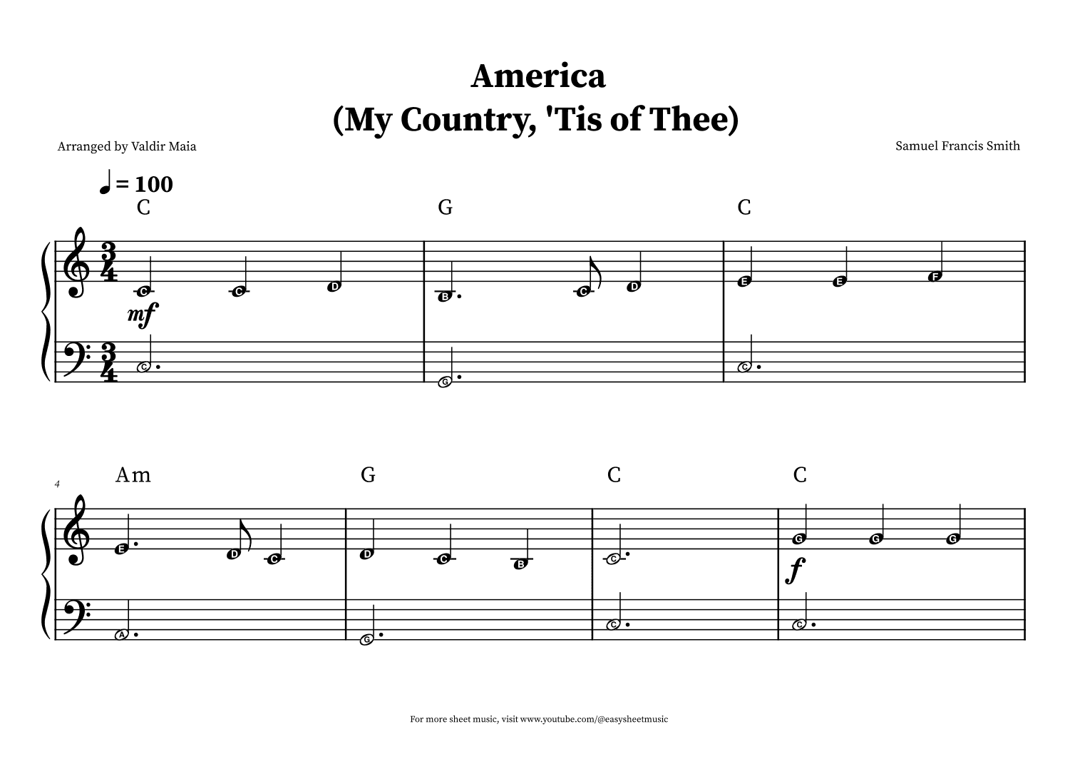 America (My Country, 'Tis of Thee) - Easy Beginner Piano (note names, chords) (arr. Valdir Maia)