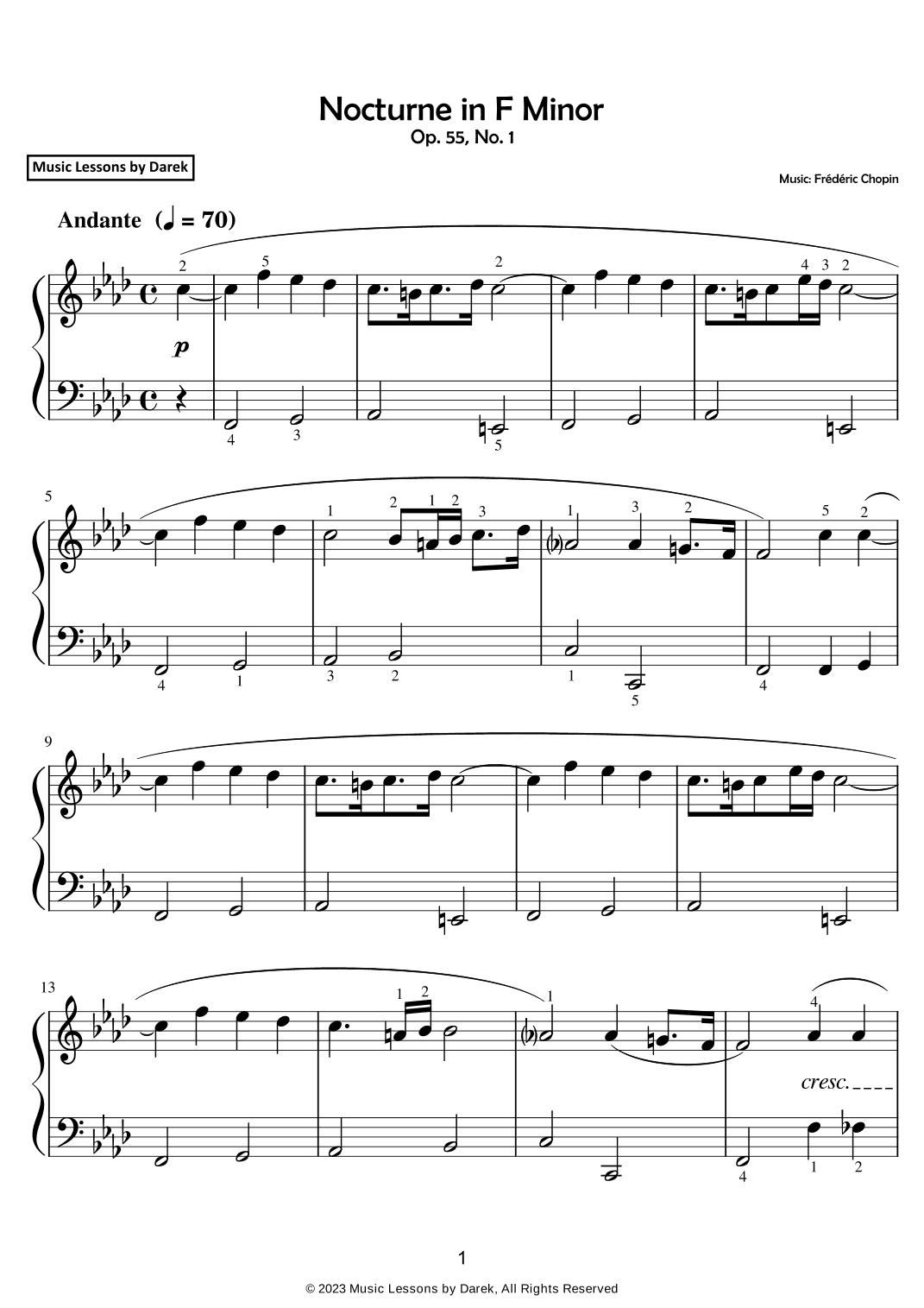 Nocturne in F Minor (EASY PIANO) Op. 55, No. 1 [Frédéric Chopin] (arr. Darek)