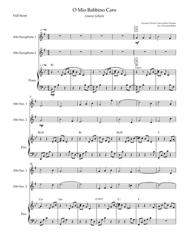 O Mio Babbino Caro (Puccini) for Alto Saxophone Duo and Piano Accompaniment with Chords (arr. Fernando Britto)