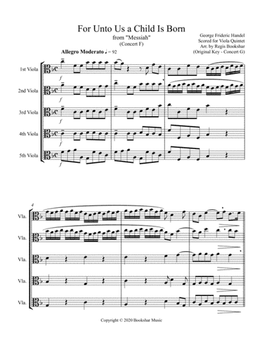 For Unto Us a Child is Born (from "Messiah") (F) (Viola Quintet) (arr. Regis Bookshar)