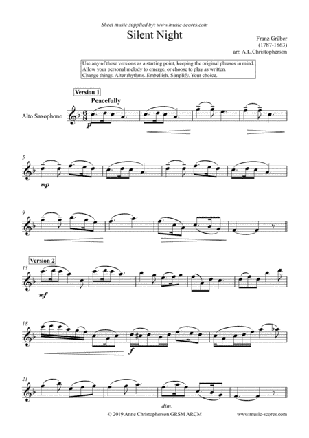 Silent Night - Solo Alto Saxophone (arr. Anne L Christopherson GRSM ARCM)