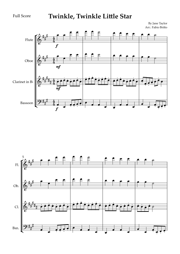 Twinkle, Twinkle Little Star for Woodwind Quartet (arr. Fabio Britto)