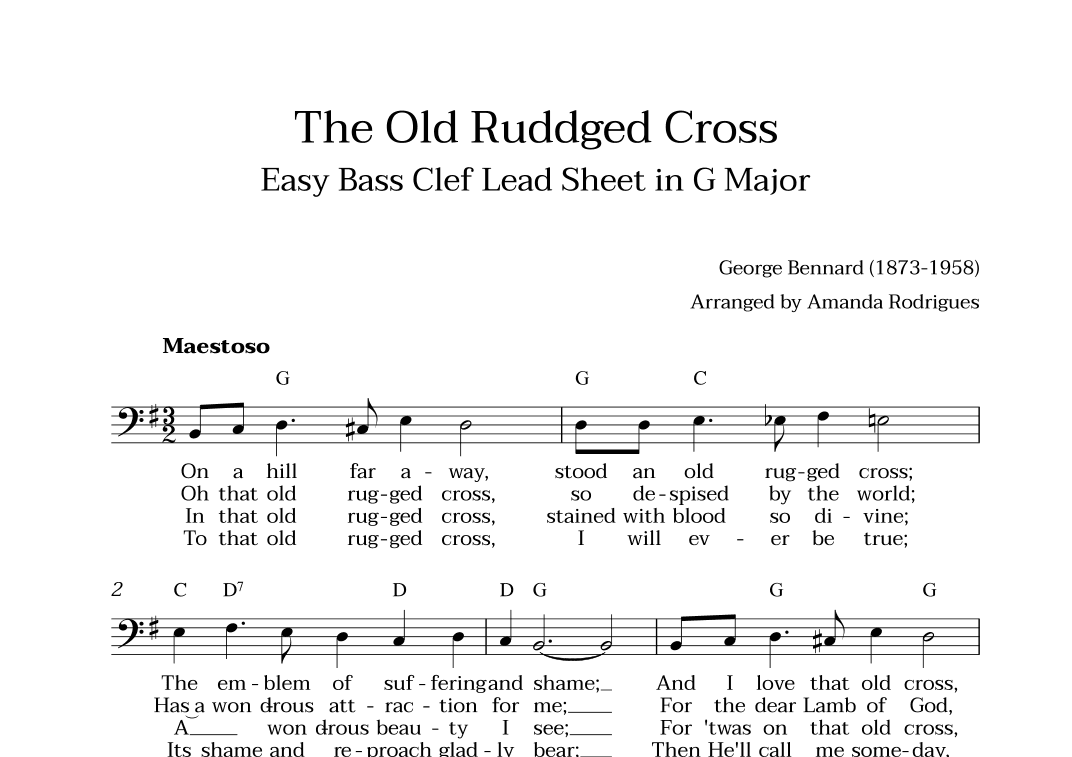 The Old Rugged Cross in G Major - Easy Bass Clef Lead Sheet (arr. Amanda Cerqueira Rodrigues)