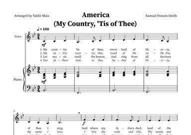 America (My Country, 'Tis of Thee) - Voice and Piano in B-flat (arr. Valdir Maia)