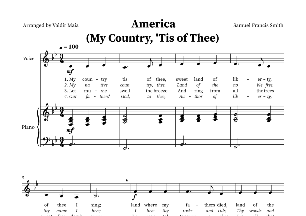 America (My Country, 'Tis of Thee) - Voice and Piano in B-flat (arr. Valdir Maia)