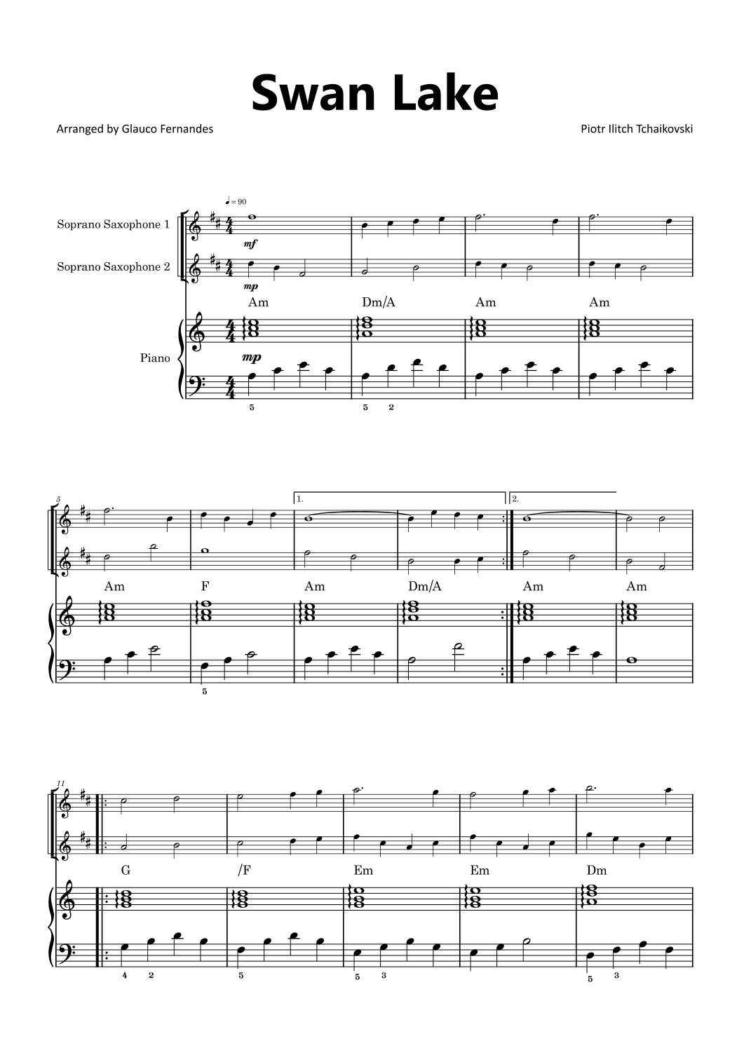 Swan Lake - Soprano Saxophone Duet with Piano and Chord Notations (arr. Glauco Fernandes)