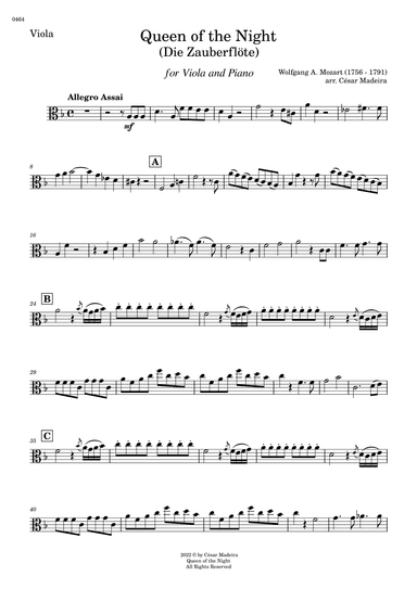 Queen of the Night Aria - Viola and Piano (Individual Parts) (arr. César Madeira)