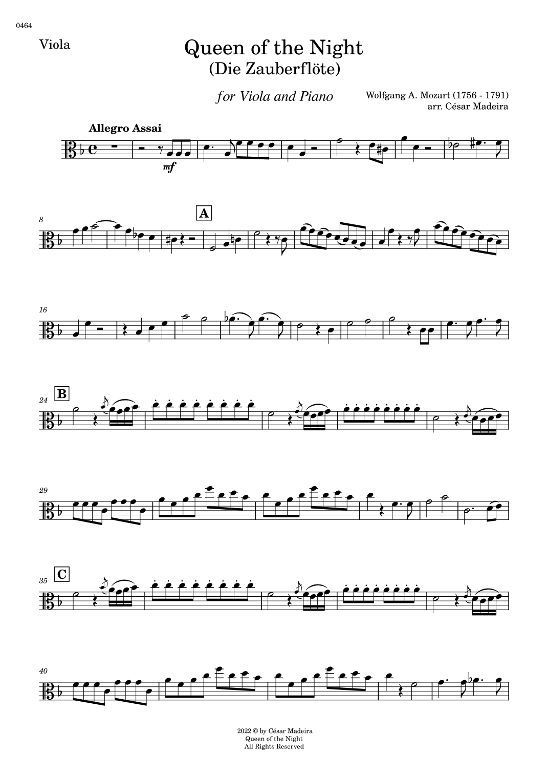 Queen of the Night Aria - Viola and Piano (Individual Parts) (arr. César Madeira)