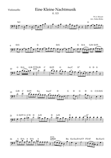 Eine kleine Nachtmusik (W.A. Mozart) for Cello Solo with Chords (Simplified) (arr. Fabio Britto)