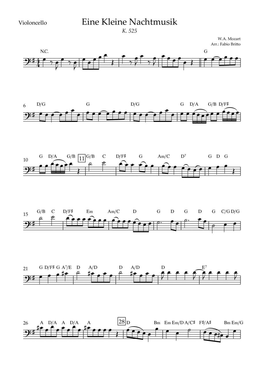 Eine kleine Nachtmusik (W.A. Mozart) for Cello Solo with Chords (Simplified) (arr. Fabio Britto)