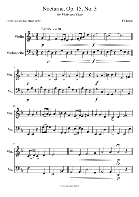 Nocturne, Op. 15, no. 3 - F Chopin (Violin & Cello) (arr. Peet du Toit)