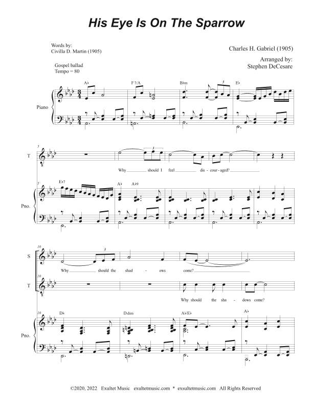 His Eye Is On The Sparrow (Duet for Soprano and Tenor solo) (Easy Vocal Duet Version) (arr. Stephen DeCesare)
