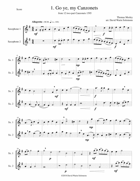 12 easy Canzonets for saxophone duo (arr. David Warin Solomons)
