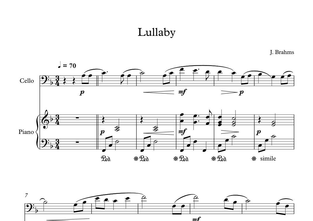 Lullaby - Johannes Brahms (Cello + Piano) (arr. Digital Book Music)