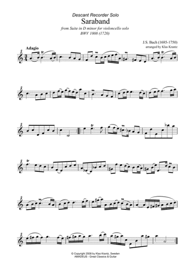 Sarabande from suite No. 2 BWV 1008 for recorder solo (arr. K. Krantz)