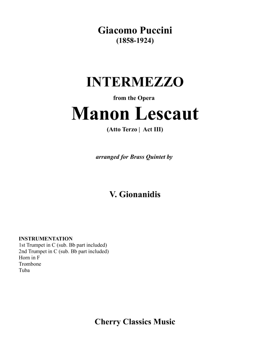 Intermezzo from Act III of Manon Lescaut for Brass Quintet (arr. Vikentios Gionanidis)