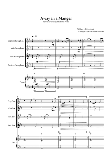 Away in a Manger for Saxophone Quartet and Piano (arr. JPS Edições Musicais)