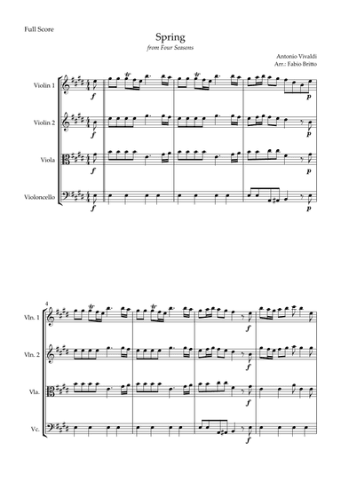 Spring (from Four Seasons of Antonio Vivaldi) for String Quartet (arr. Fabio Britto)