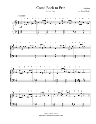 Come Back to Erin - for easy piano (arr. Samuel Stokes)
