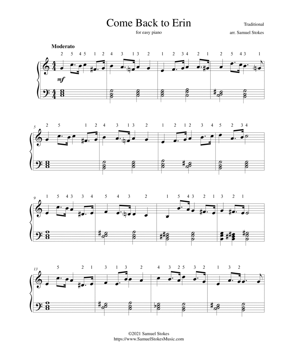 Come Back to Erin - for easy piano (arr. Samuel Stokes)