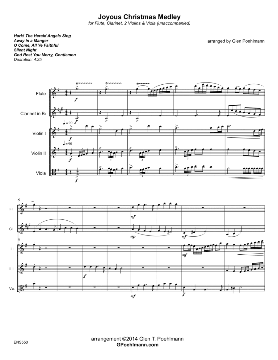 JOYOUS CHRISTMAS MEDLEY - Flute, Clarinet, 2 Violins & Viola (arr. Glen Poehlmann)