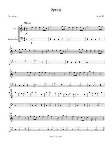 vivaldi spring easy Oboe and Cello sheet music (arr. Arezzo Music)