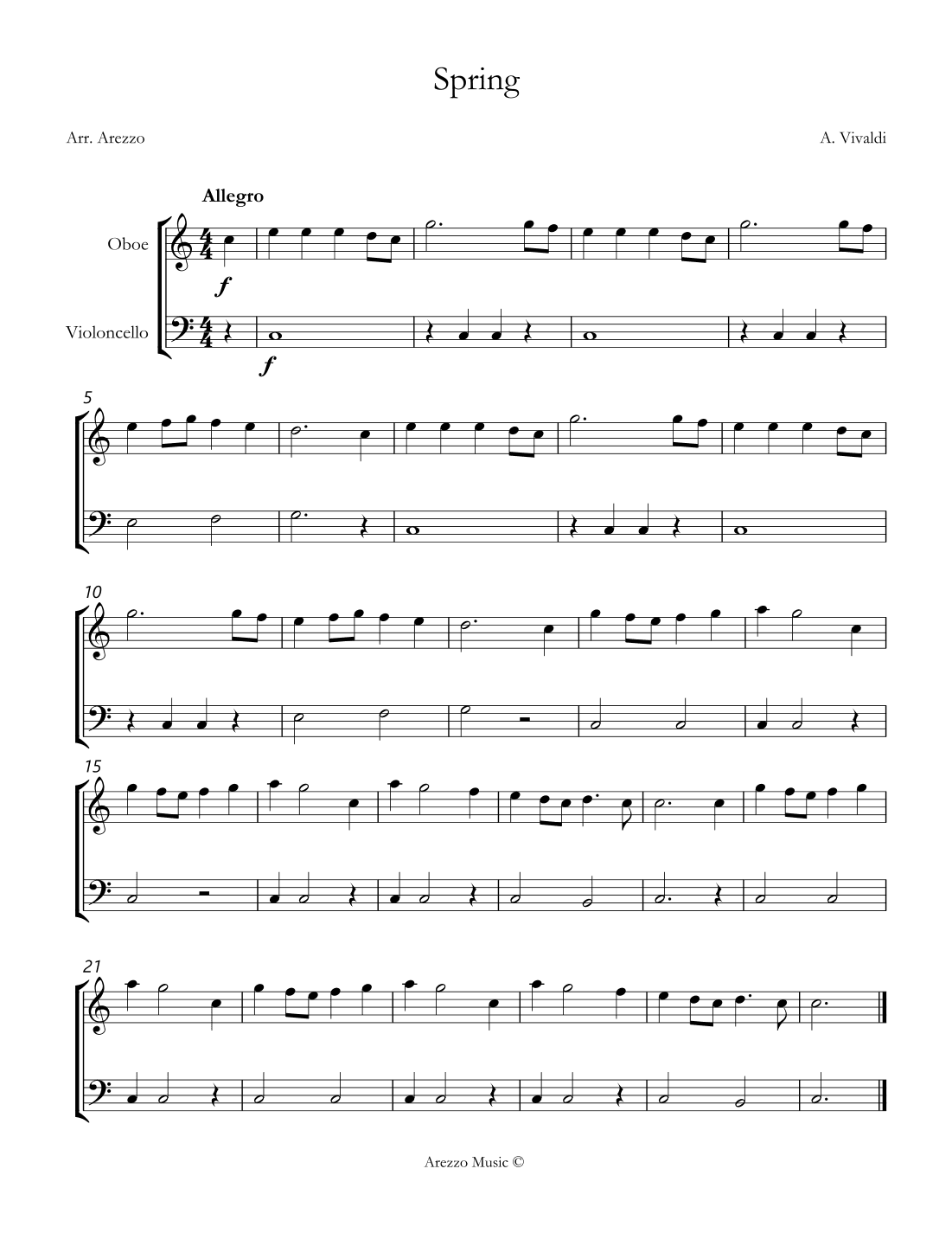 vivaldi spring easy Oboe and Cello sheet music (arr. Arezzo Music)
